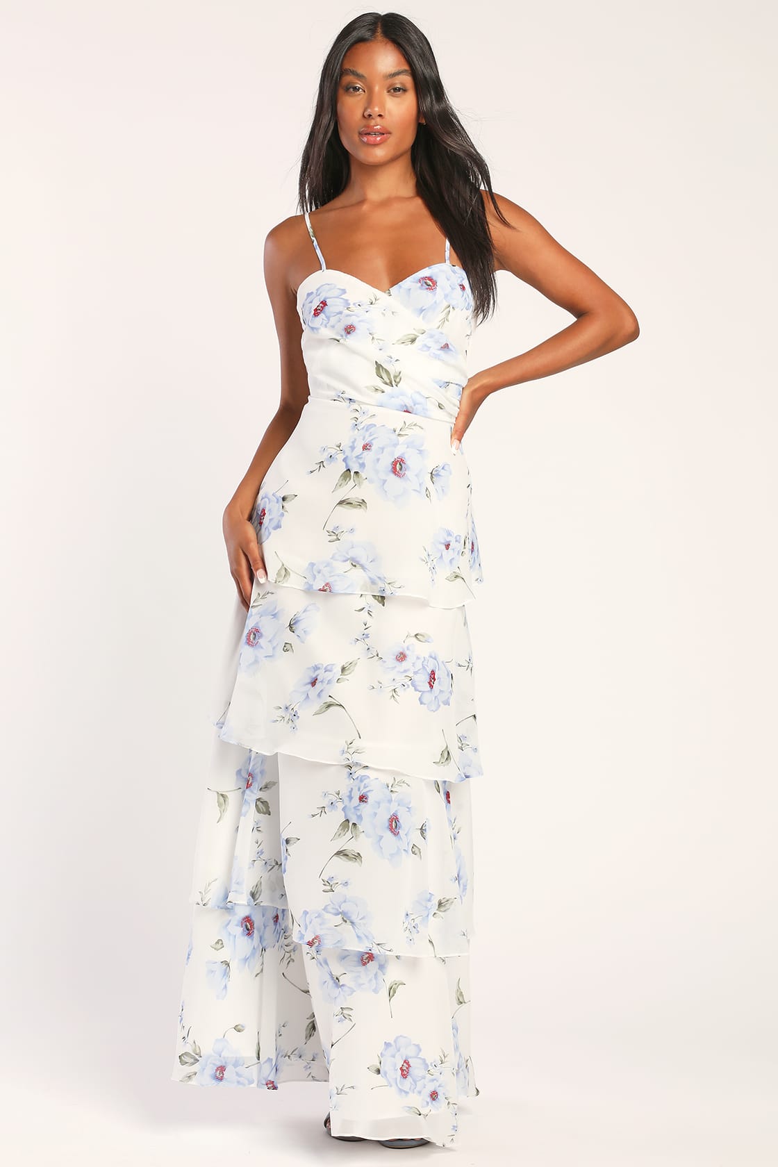 white floral print tiered maxi dress