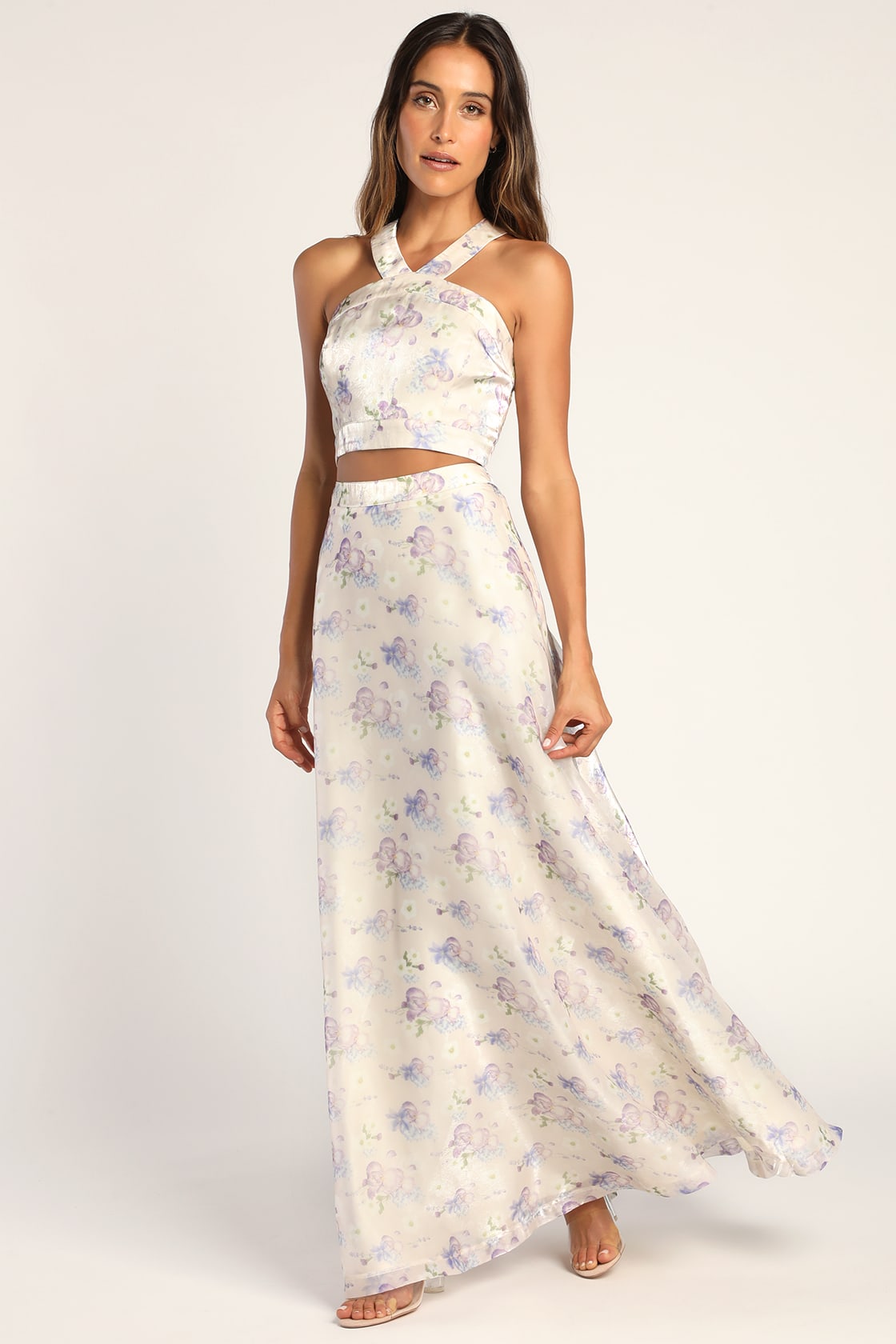 cream floral two-piece halter dress