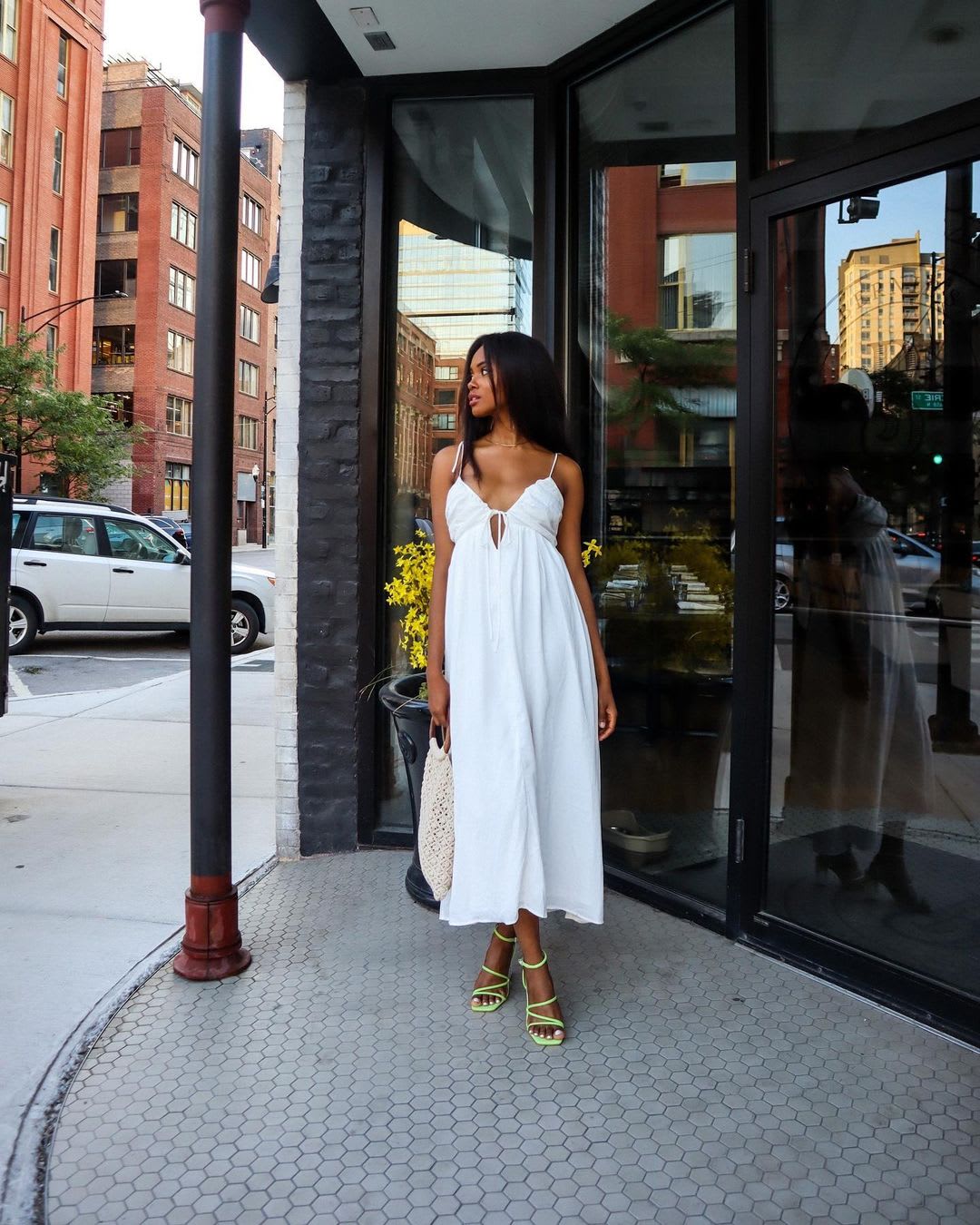 white dress black shoes