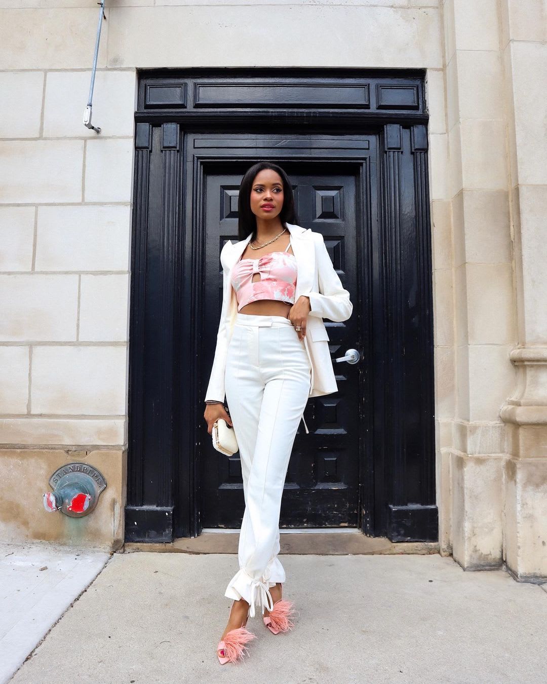 cream blazer and trousers