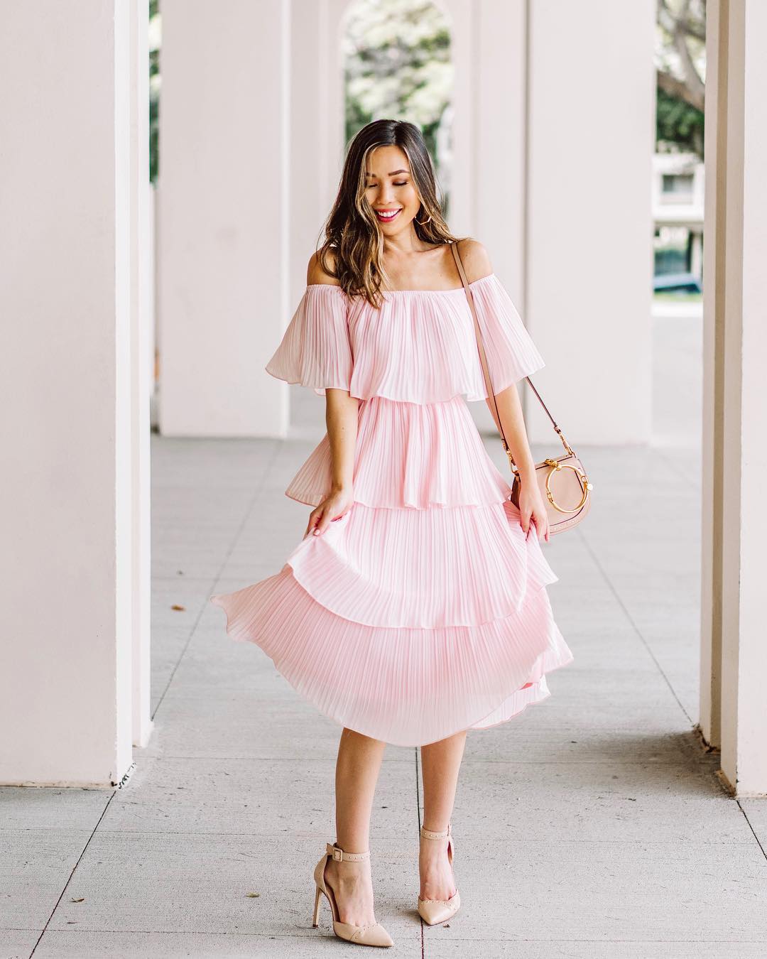 pink pleated tiered midi dress