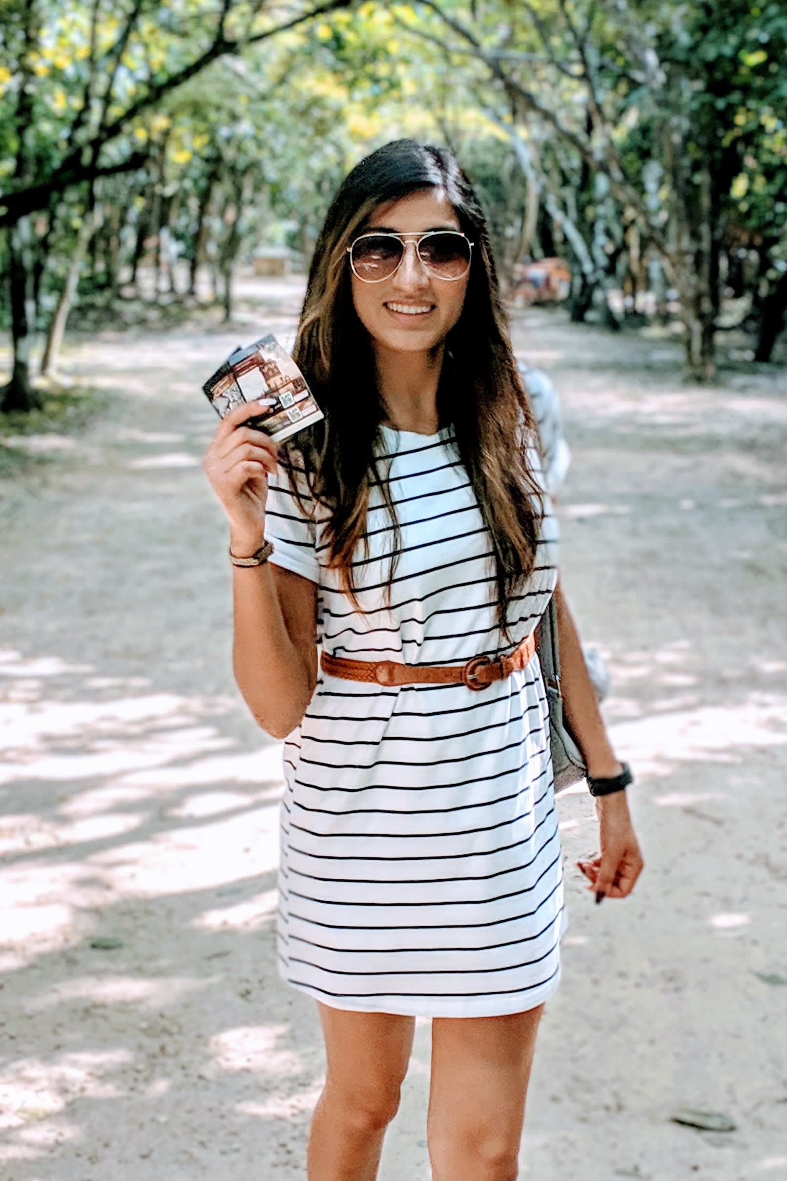 blue and white striped shirt dress with leather belt, vintage