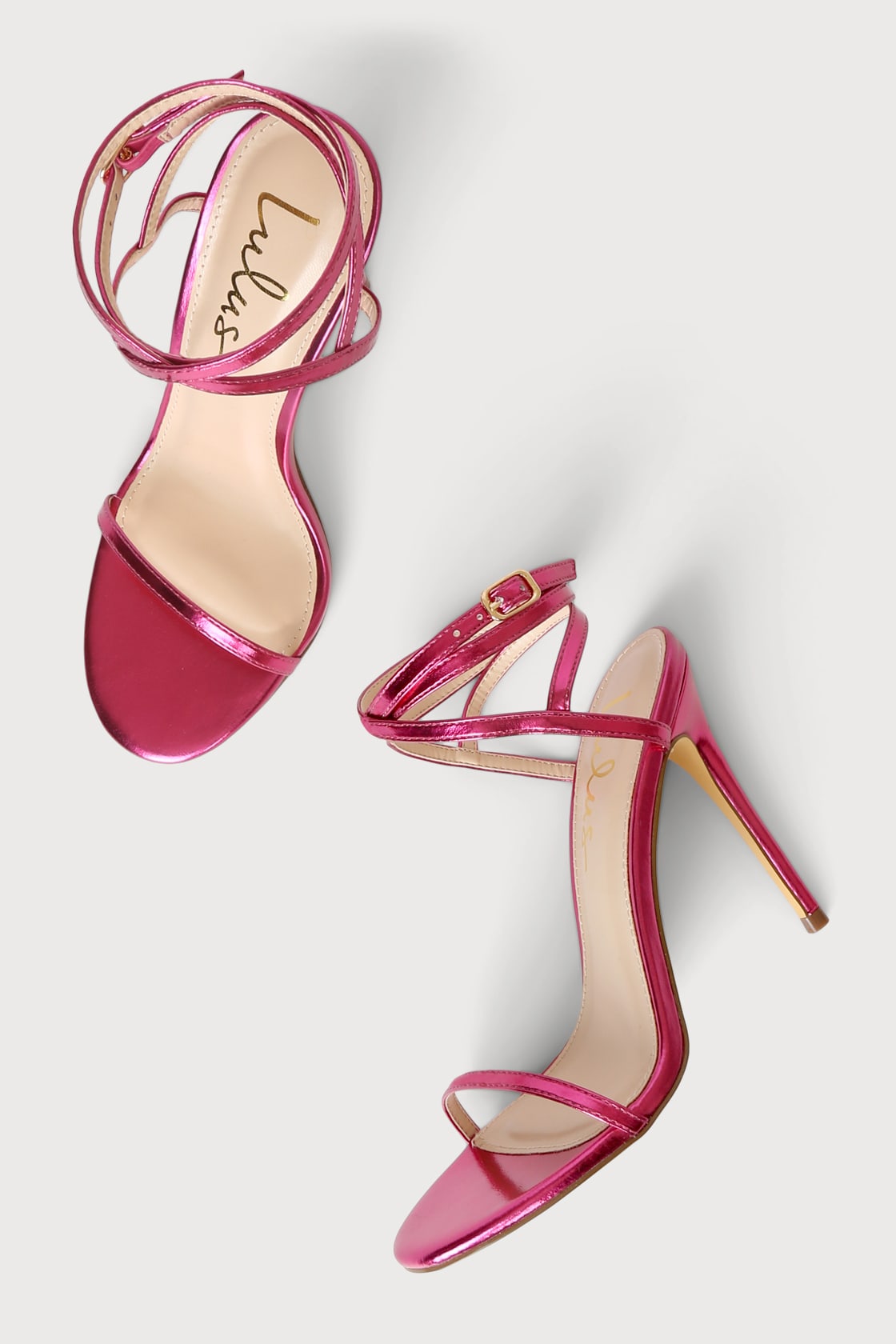 metallic pink ankle wrap high heel sandals