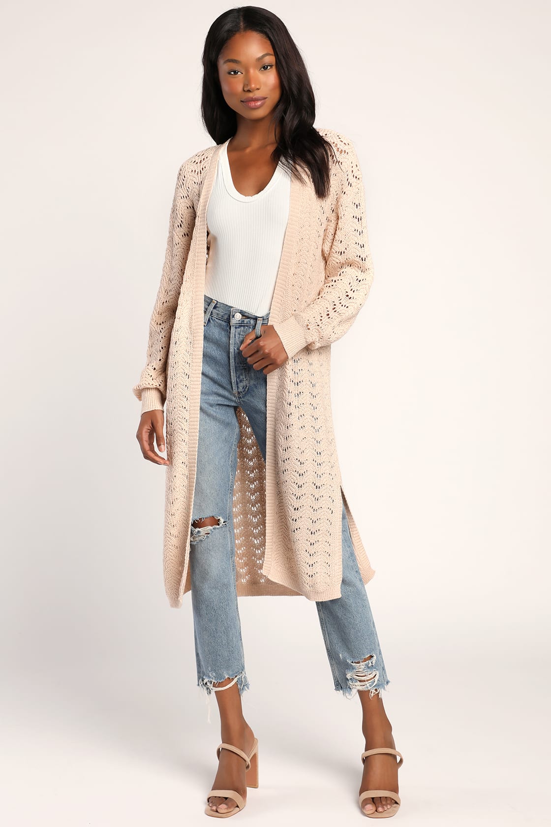 beige pointelle knit cardigan sweater