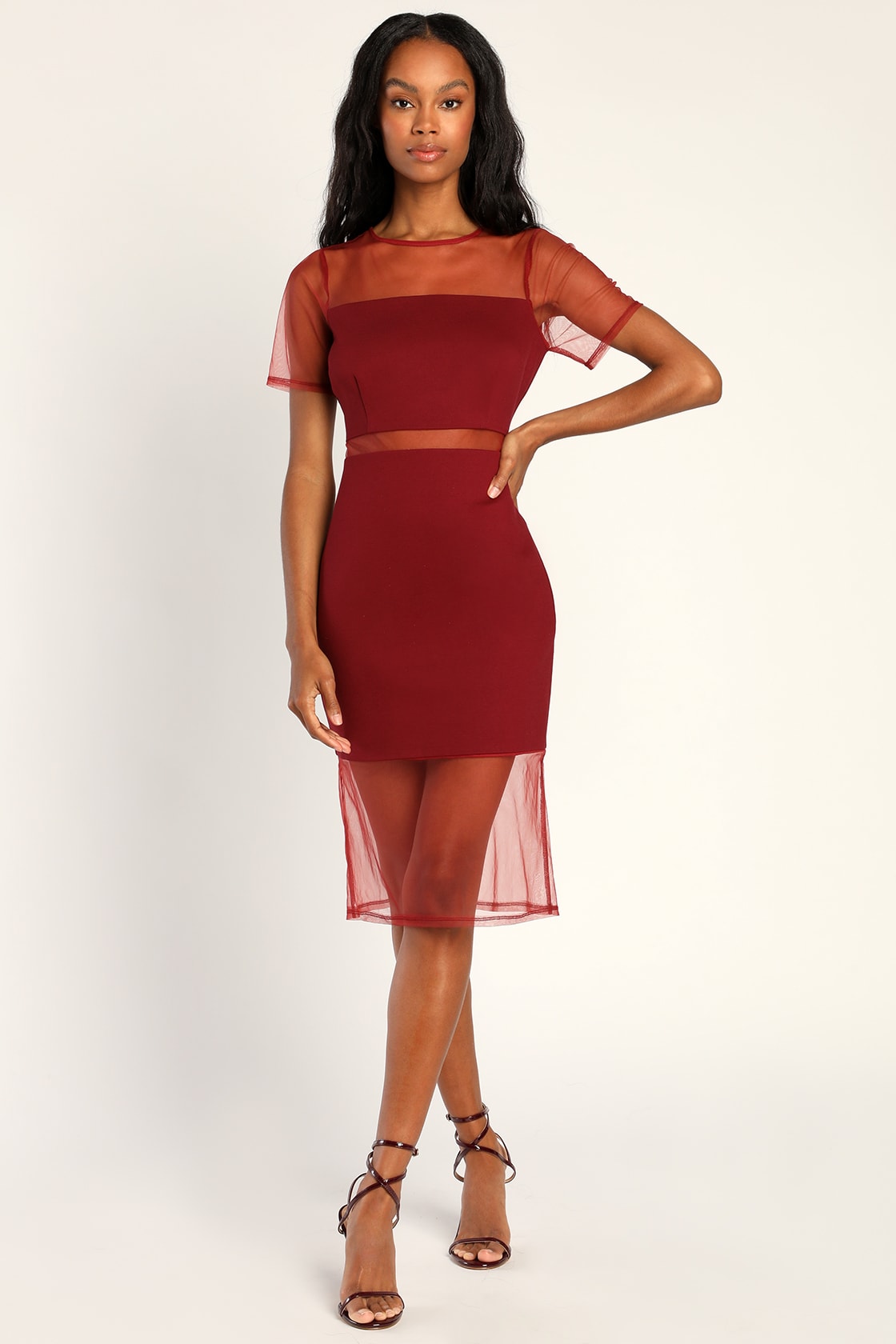 burgundy sheer bodycon mesh midi dress