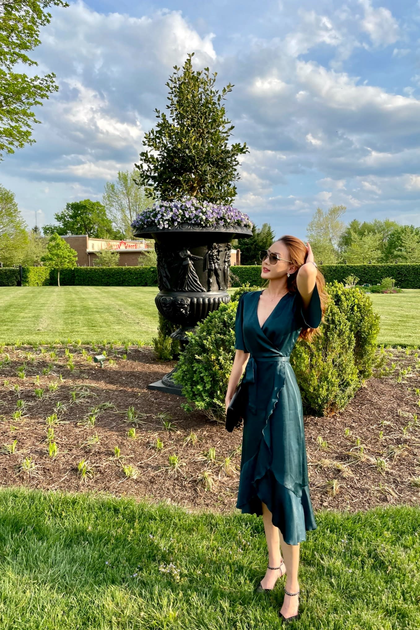 green emerald velvet dress Dark Green Wrap Satin Dress With Flutter Sleeves – Désir Couture