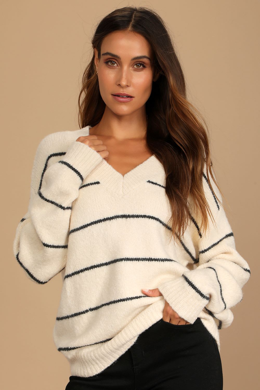 cream oversized striped sweater
