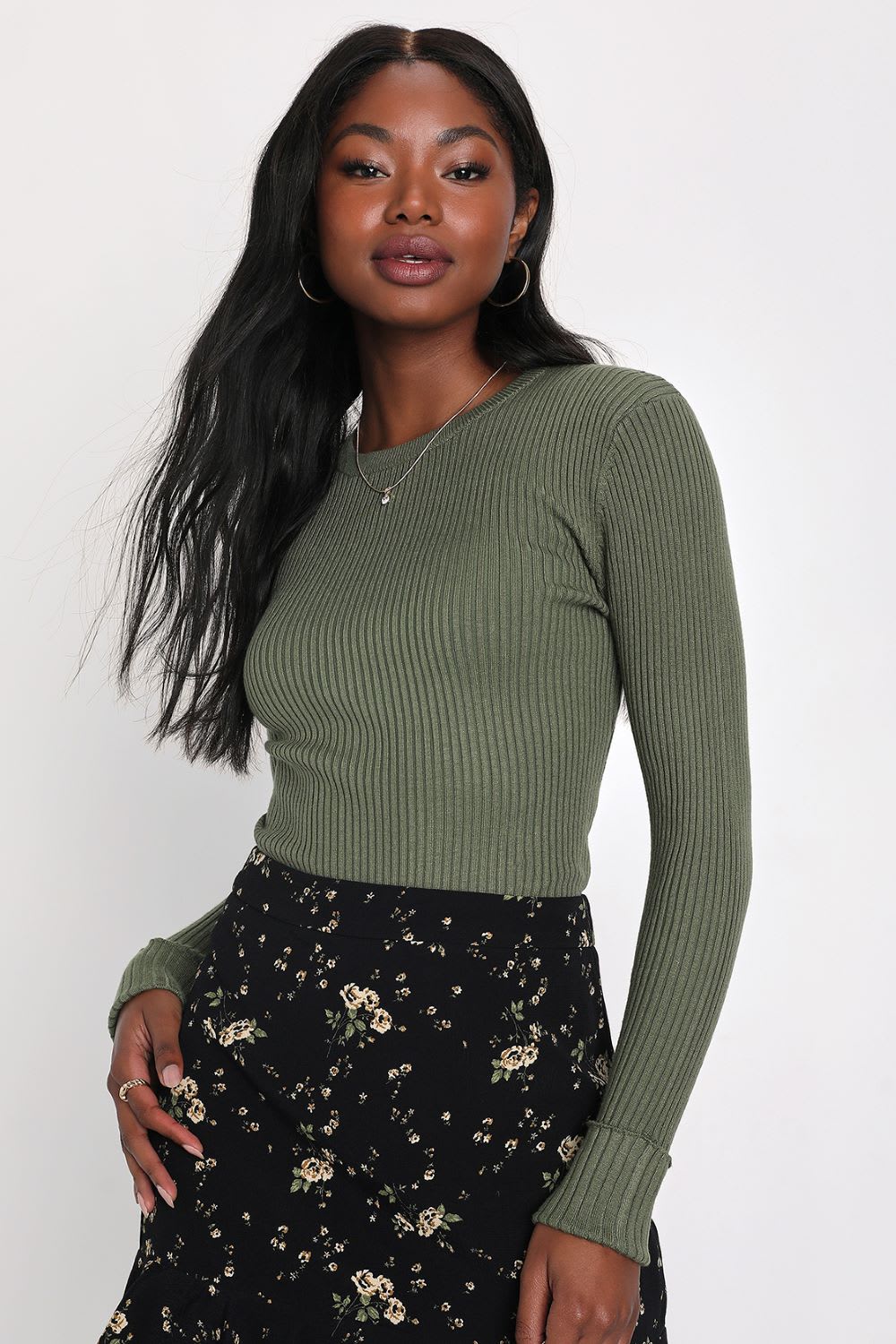 olive green ribbed knit long sleeve sweater top