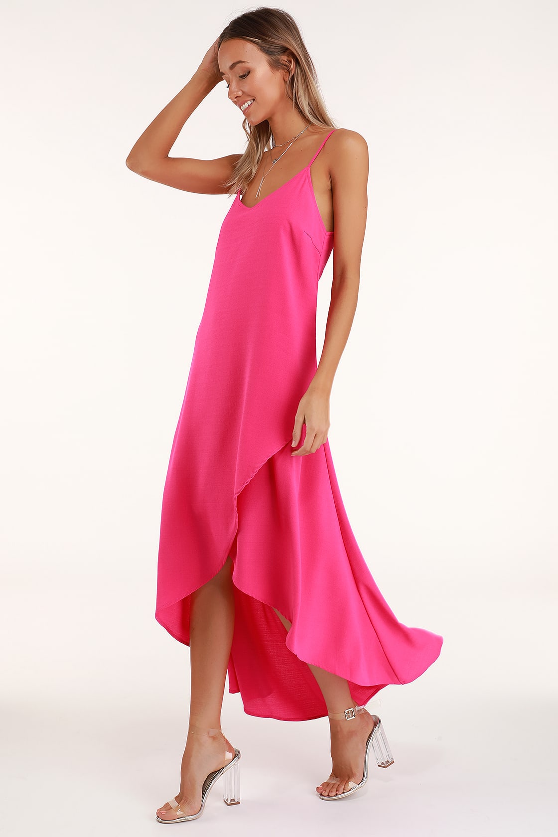 bright pink high low maxi dress
