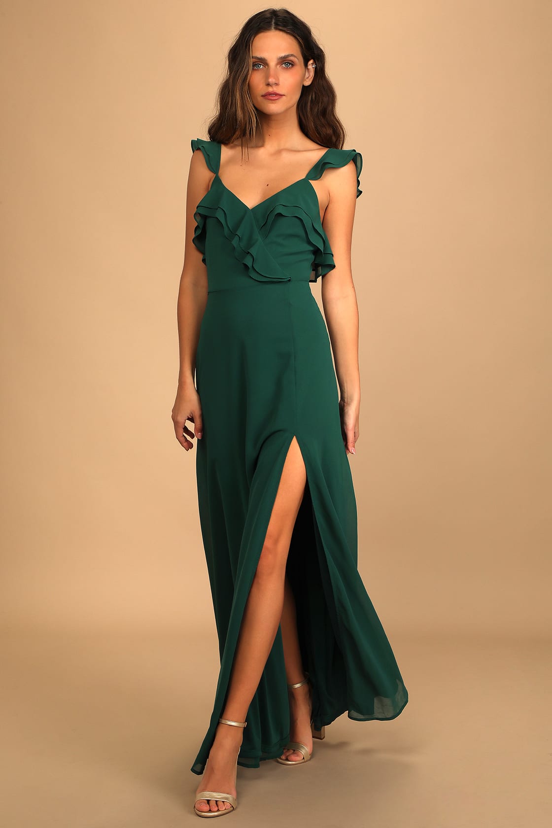 emerald green ruffled maxi dress