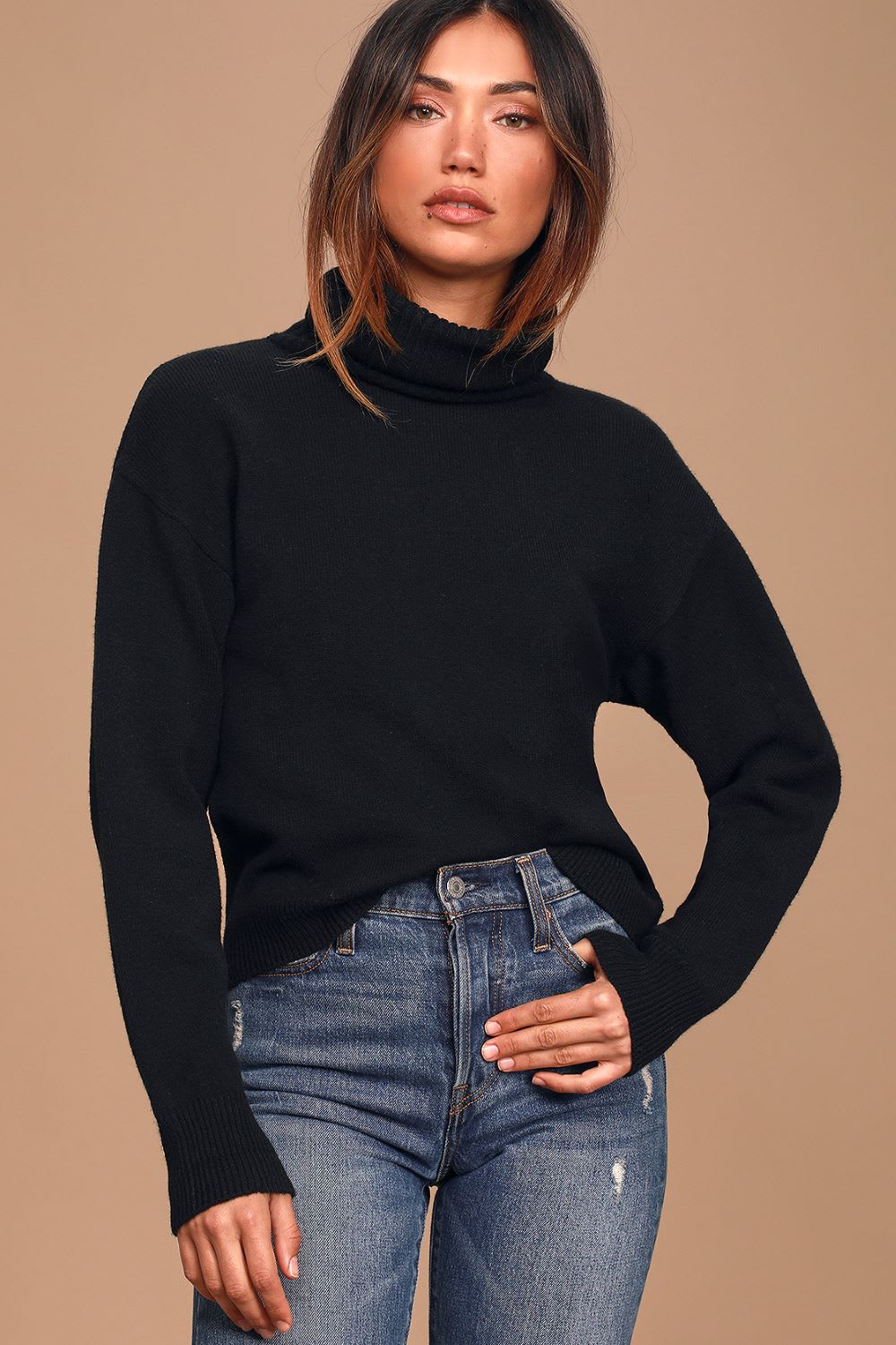 black cowl neck sweater