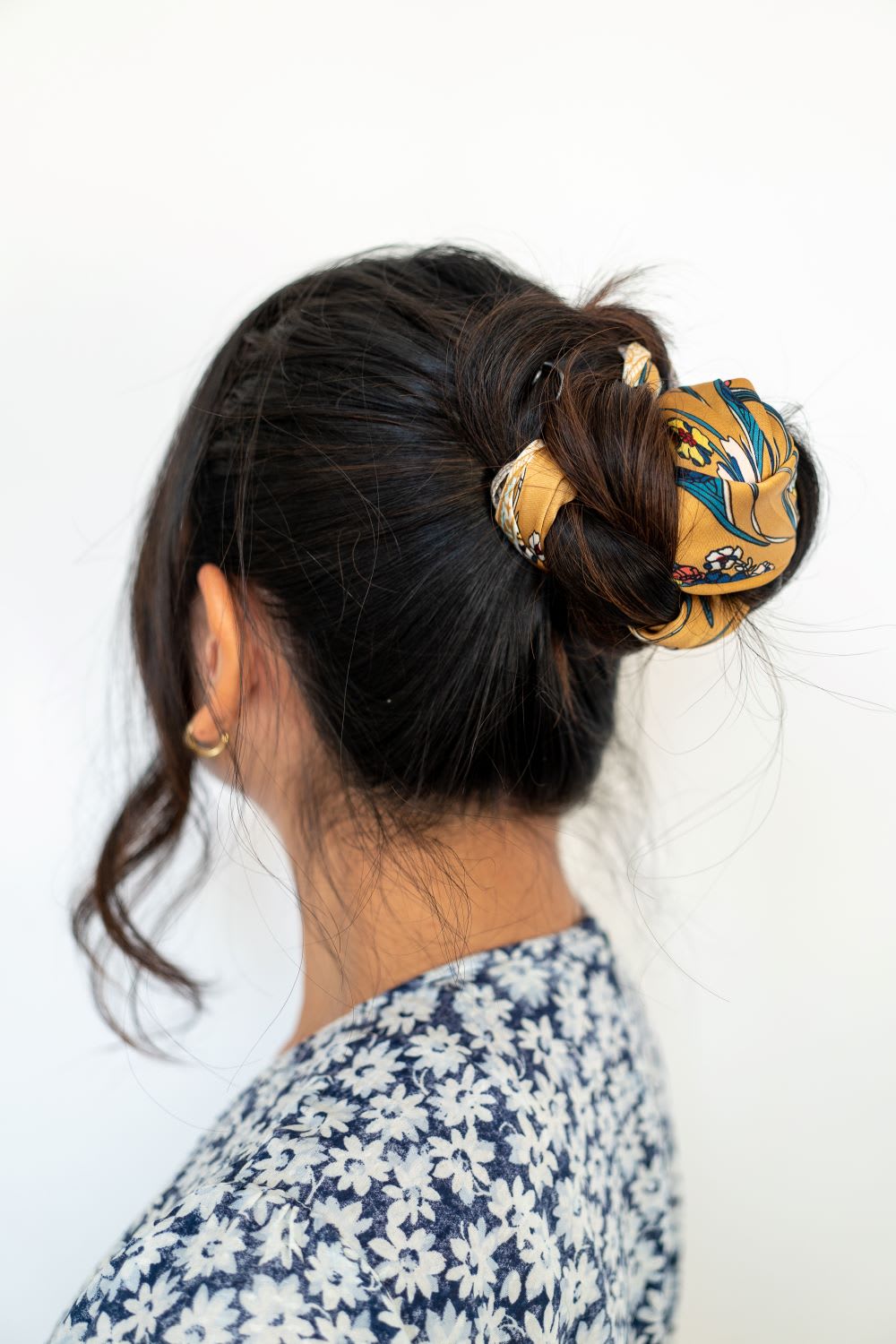 braided top knot with hair scarf