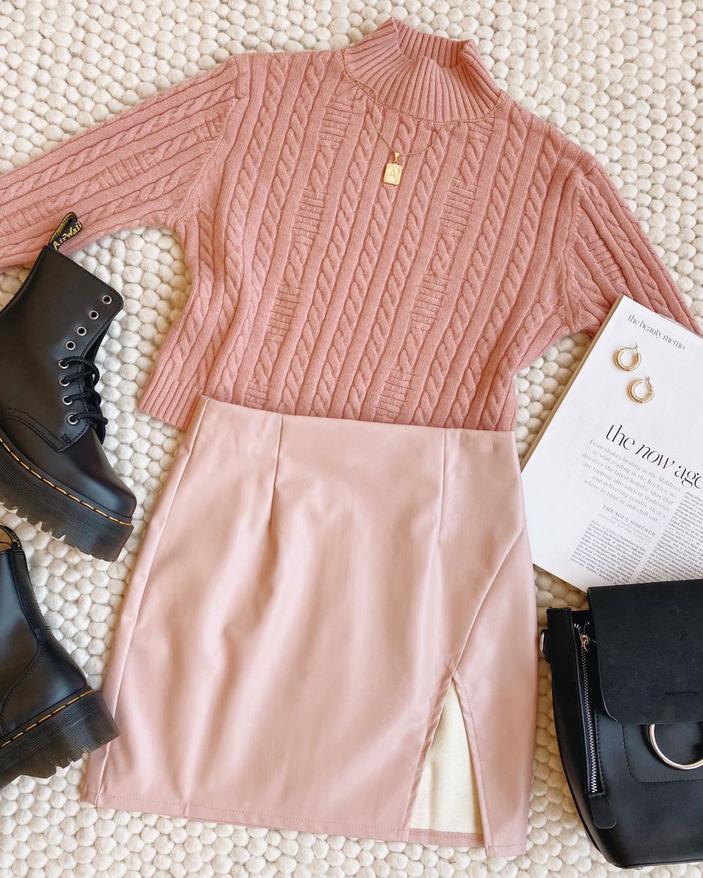 pink vegan leather skirt outfit