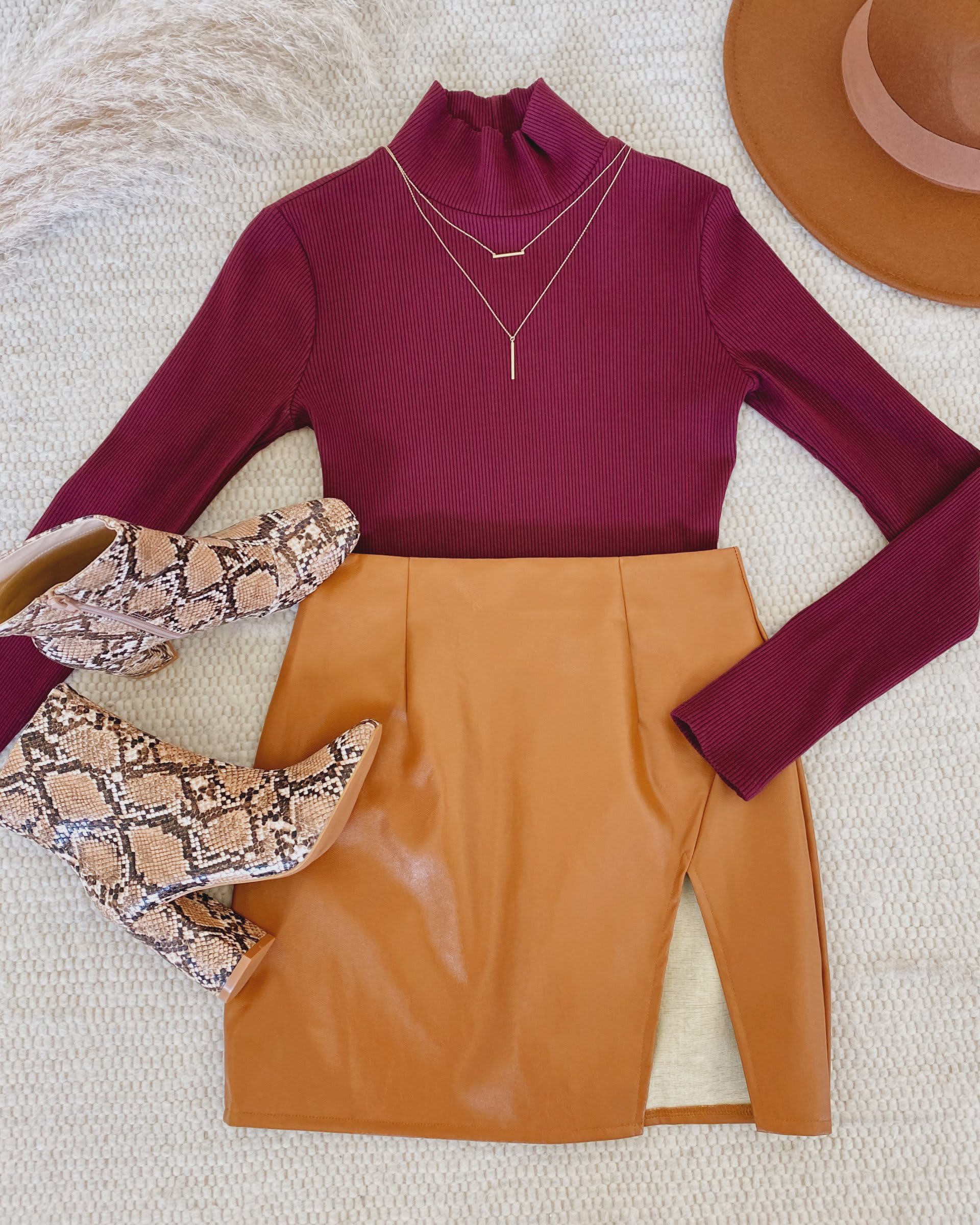 autumn leather skirt outfit