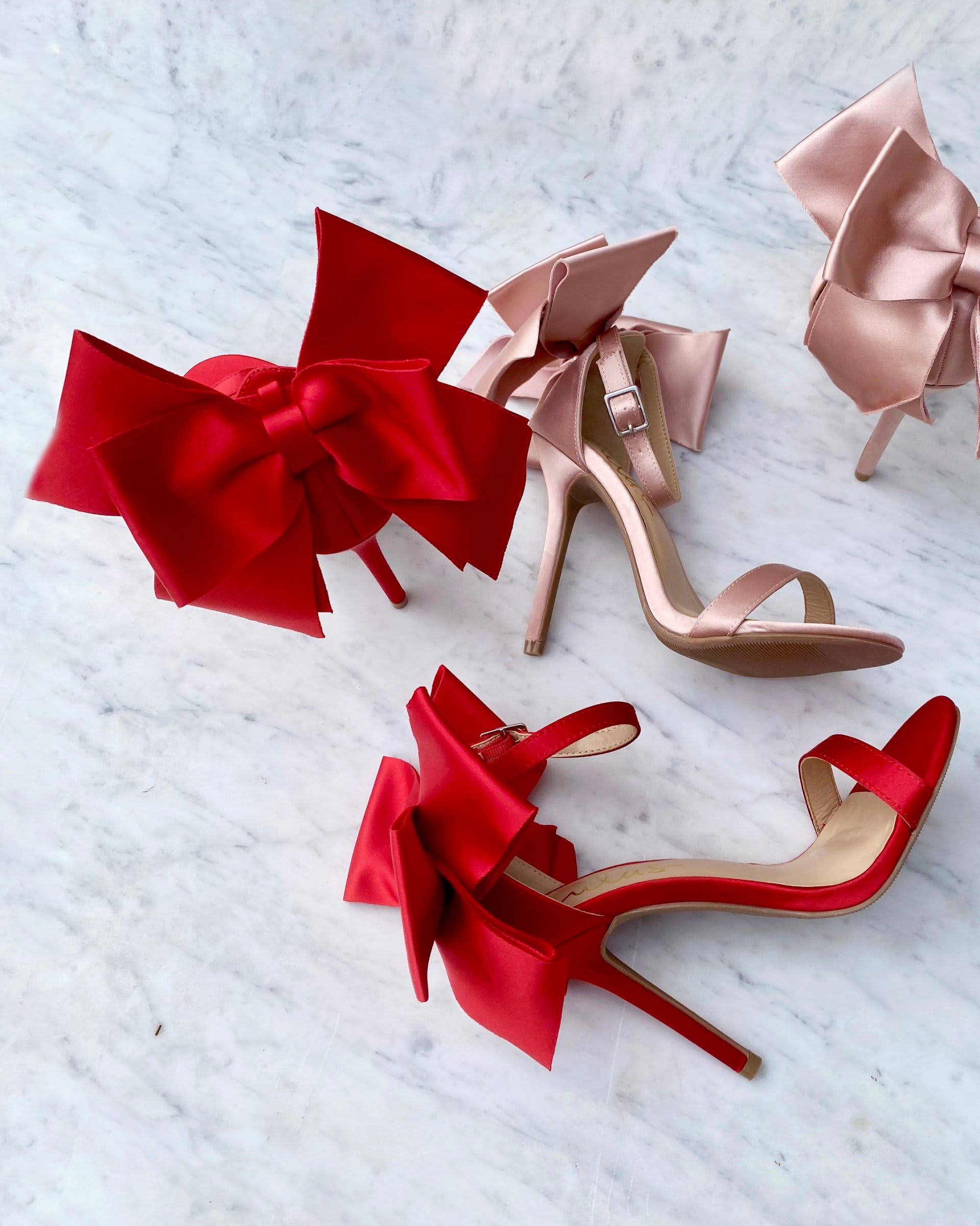 red satin bow heels