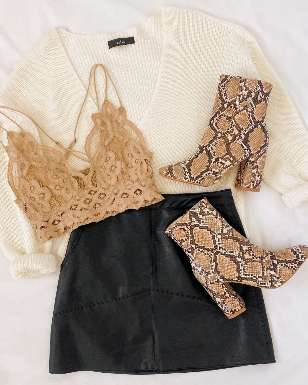 neutral leather skirt outfit