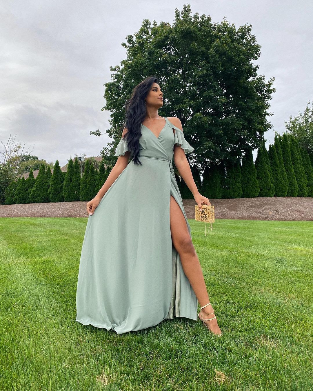sage green cold shoulder wrap maxi dress
