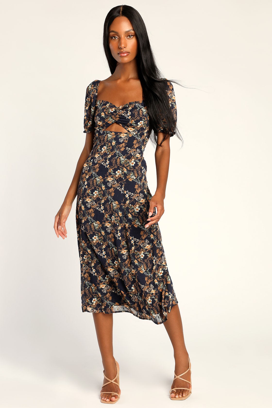 blue floral puff sleeve midi dress
