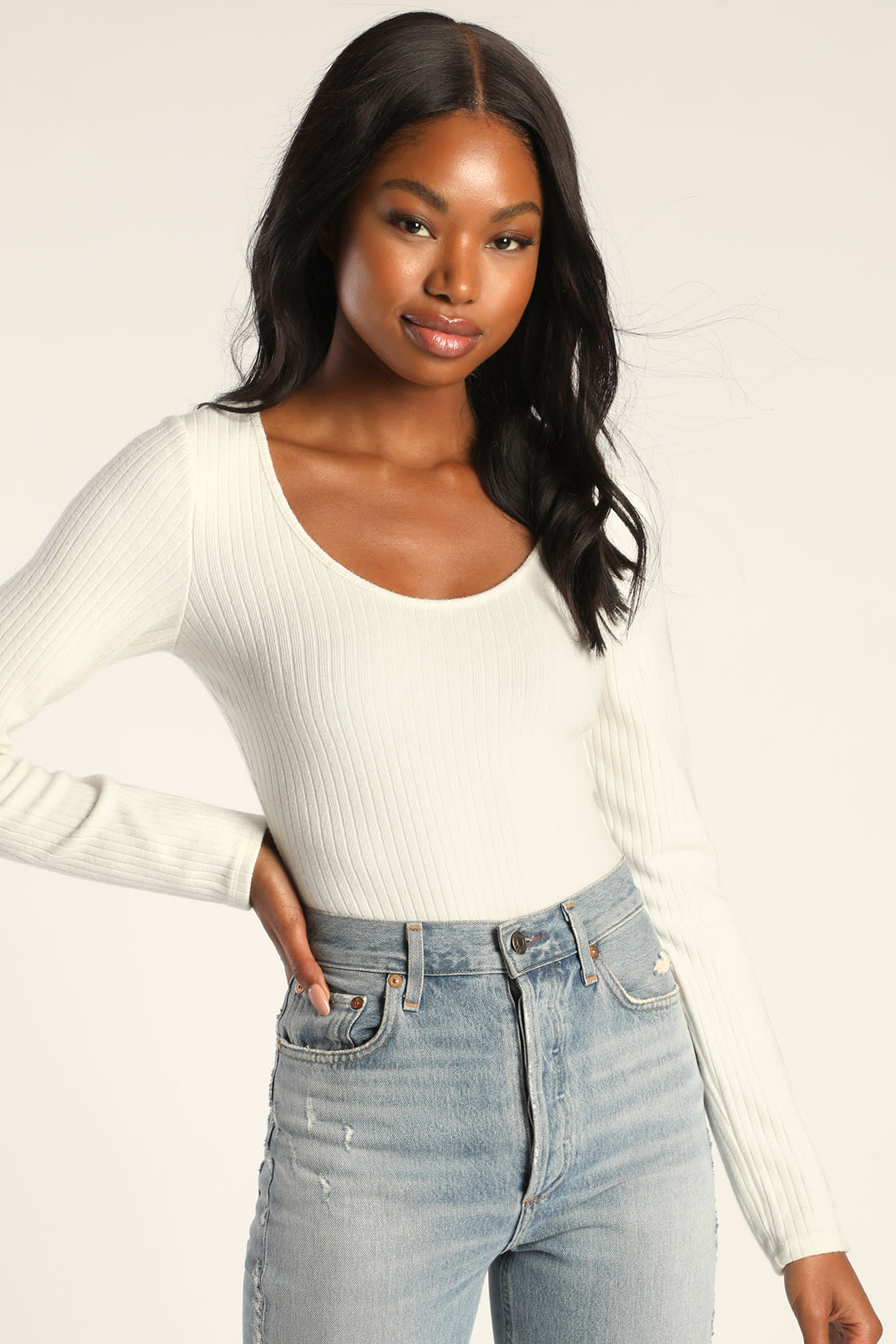 ivory ribbed scoop neck long sleeve bodysuit
