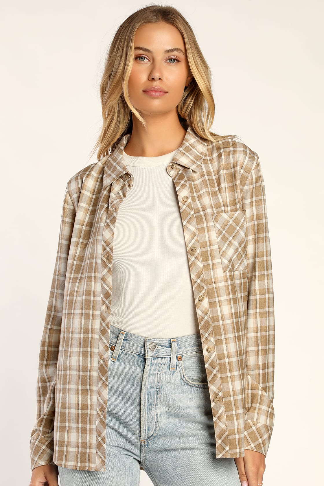beige plaid button up top