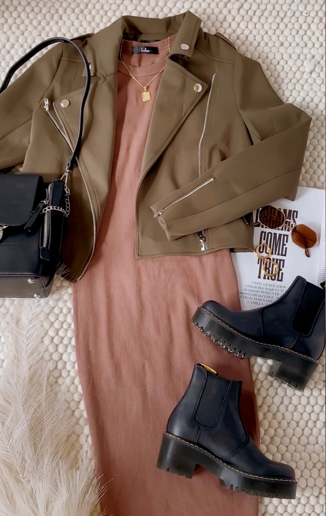 green moto jacket outfit