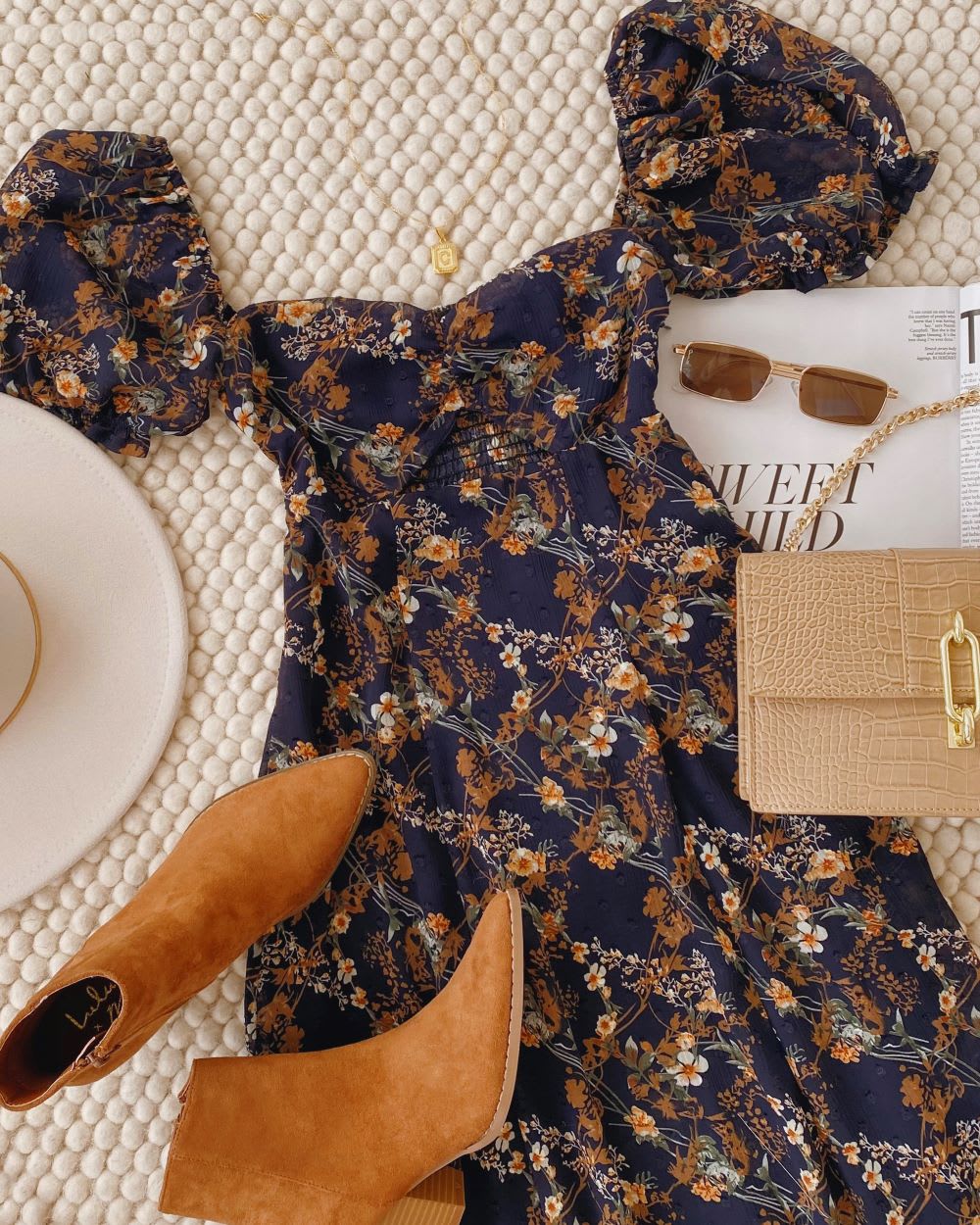 fall floral dress with boots