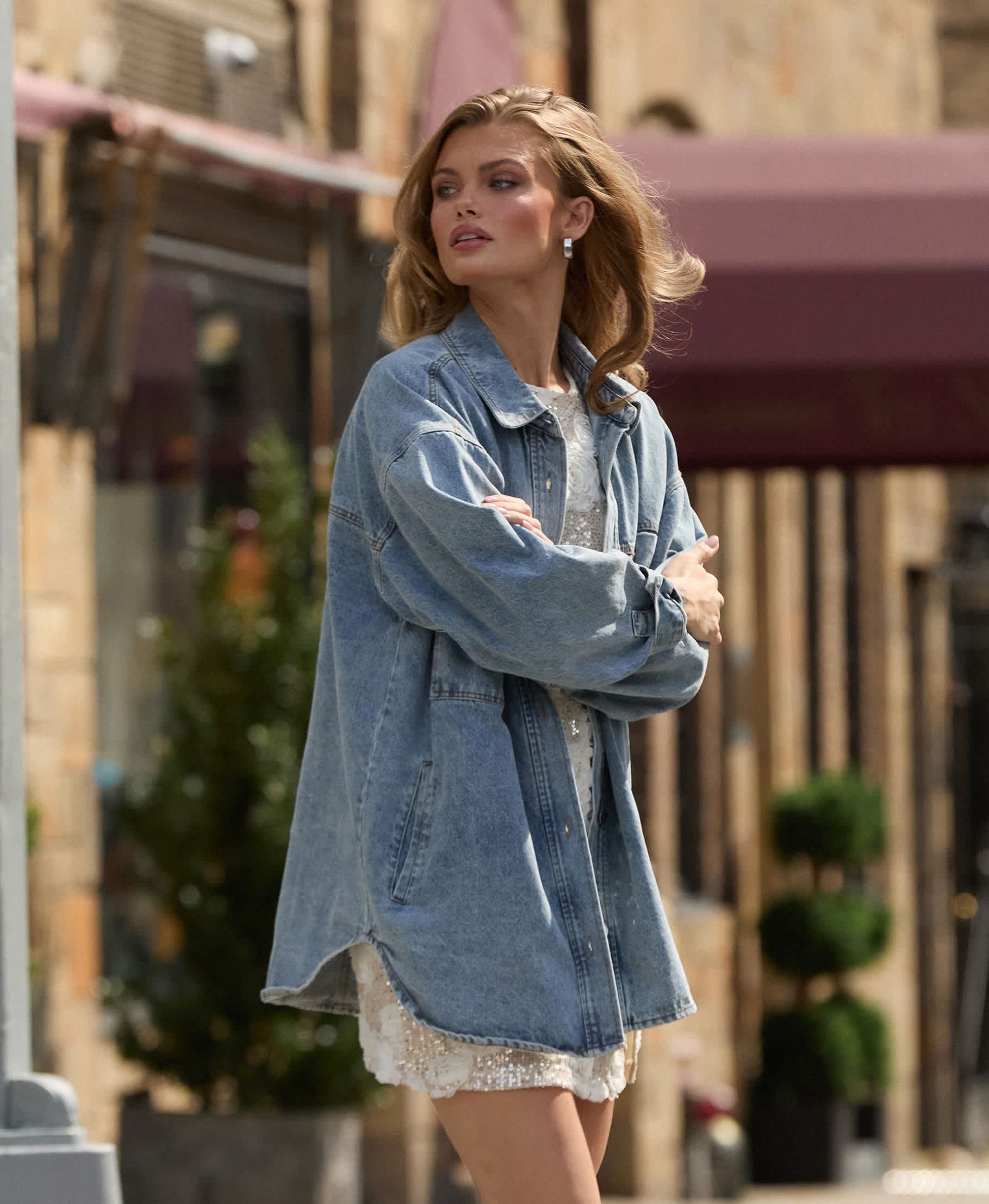 sequin dress and denim jacket