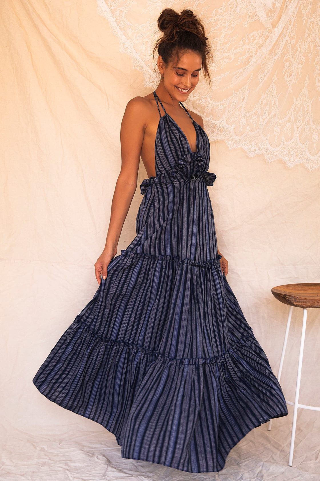 navy blue striped halter maxi dress