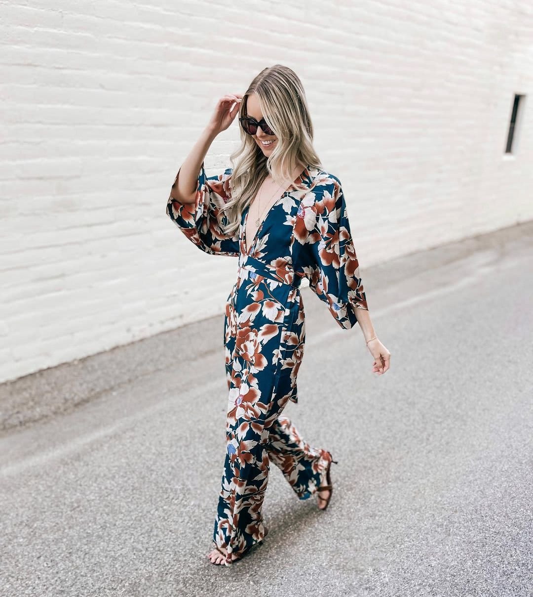 floral print bell sleeve wide leg jumpsuit