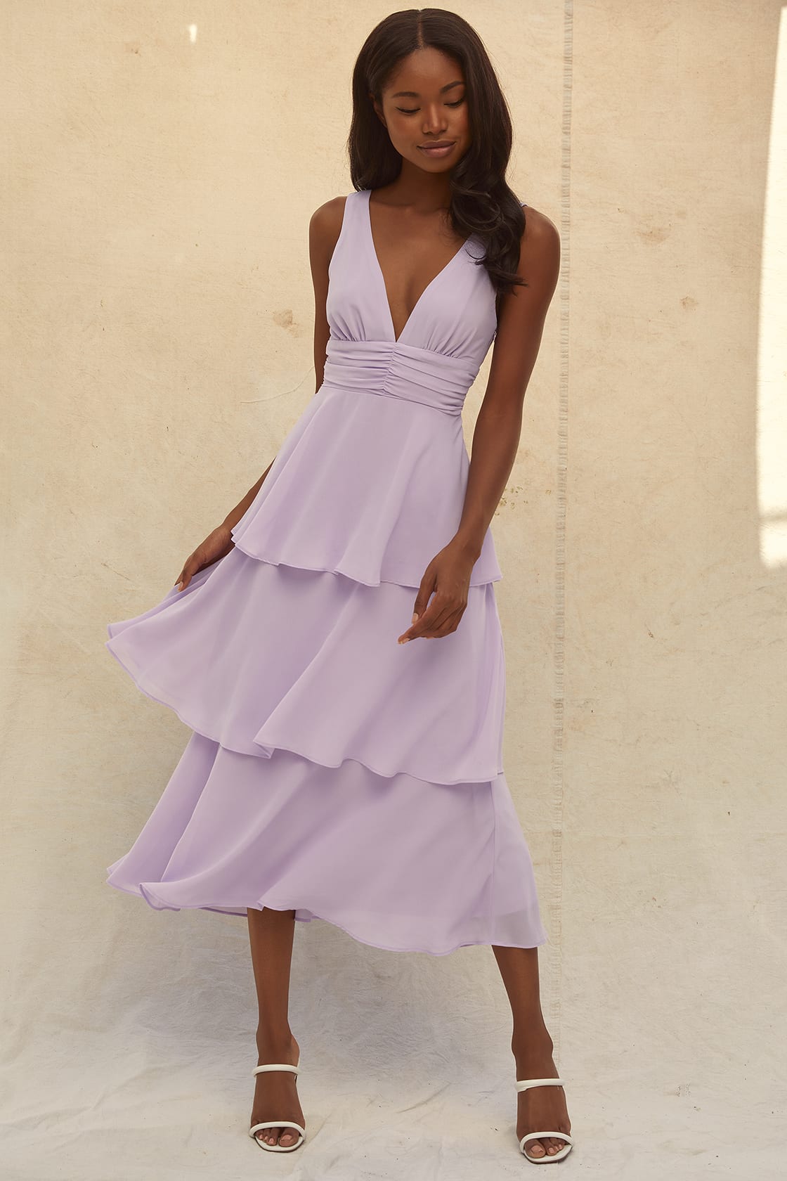 lavender sleeveless tiered midi dress