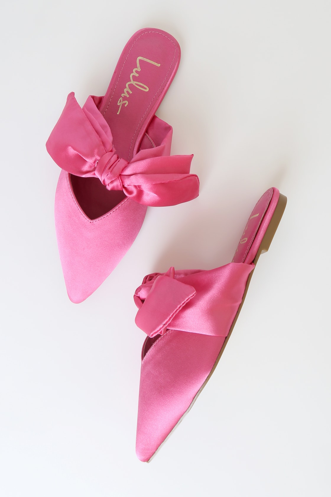 pink satin pointed toe bow mules