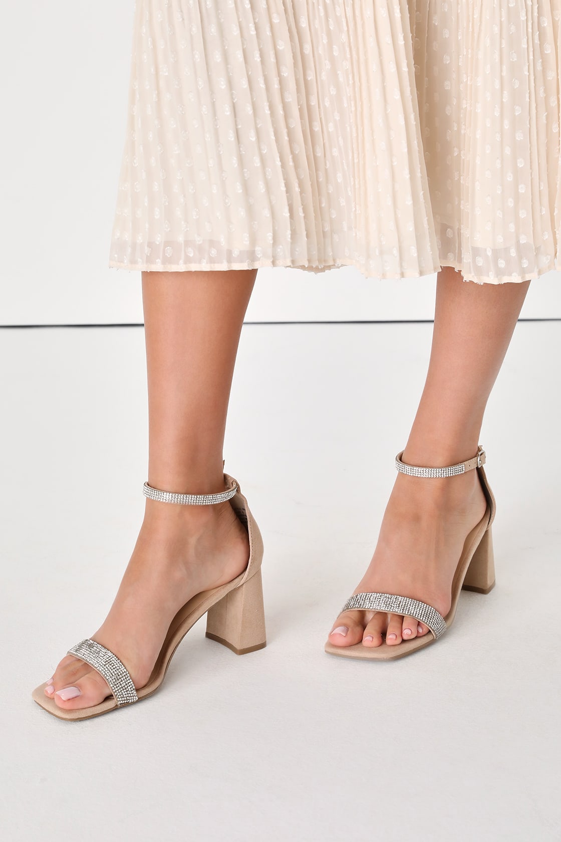 nude suede rhinestone ankle strap heels