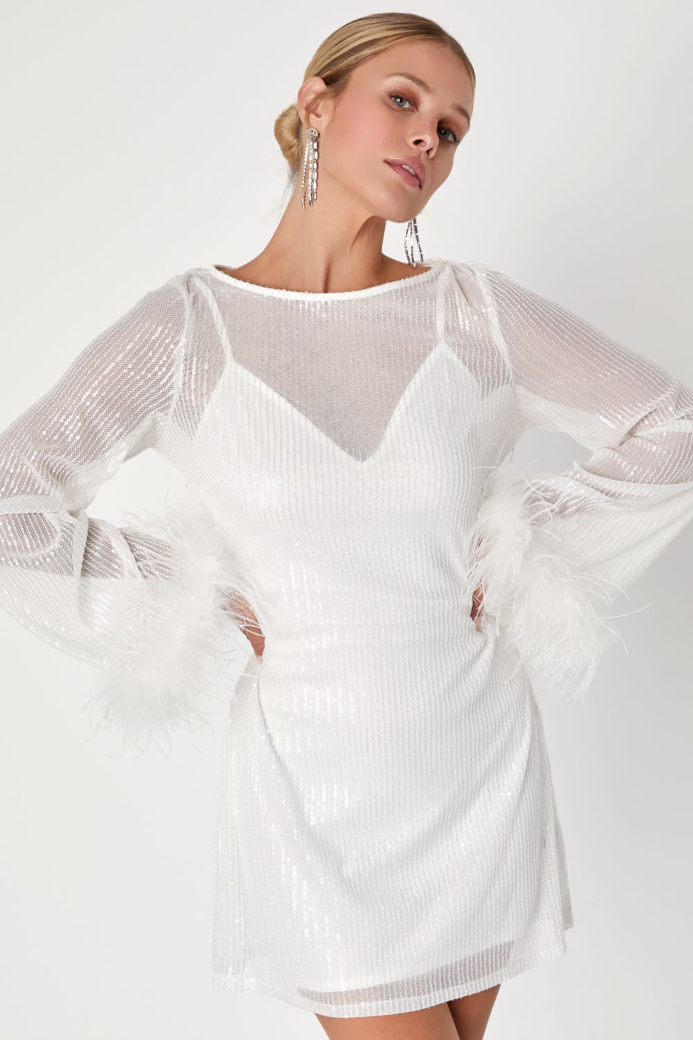 white sequin mesh long sleeve mini dress