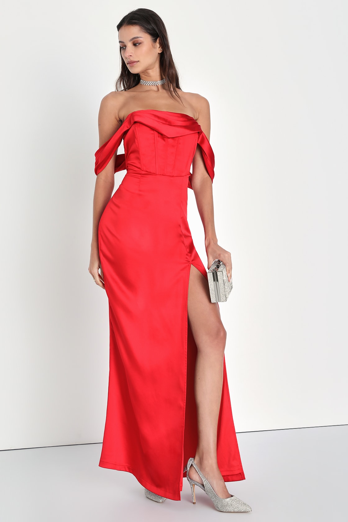 red satin off the shoulder bustier maxi dress