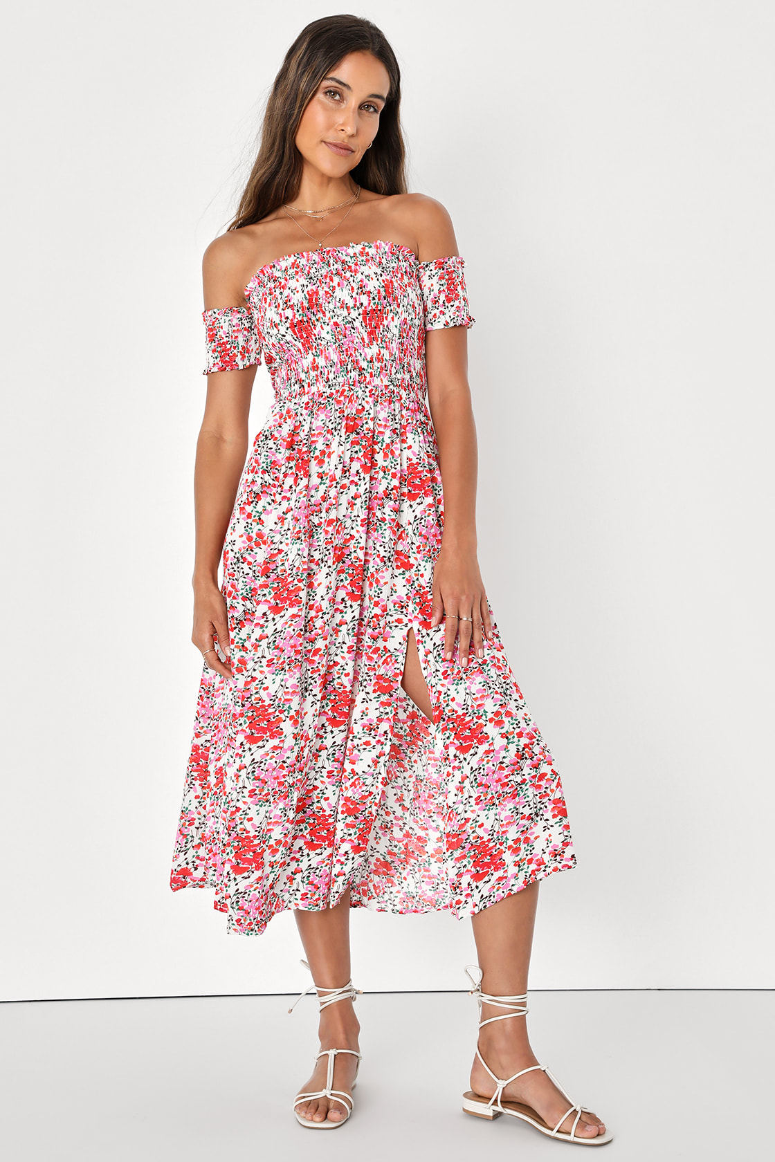 cream floral print off the shoulder dress