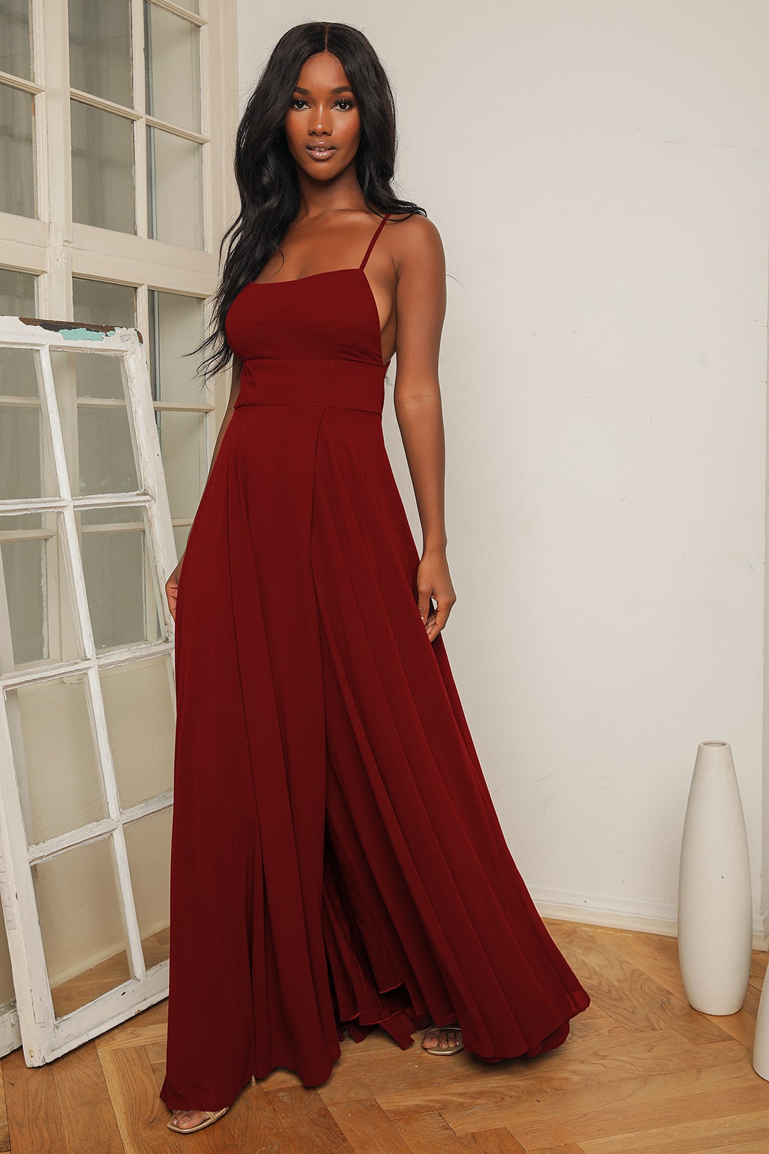 burgundy backless maxi dress