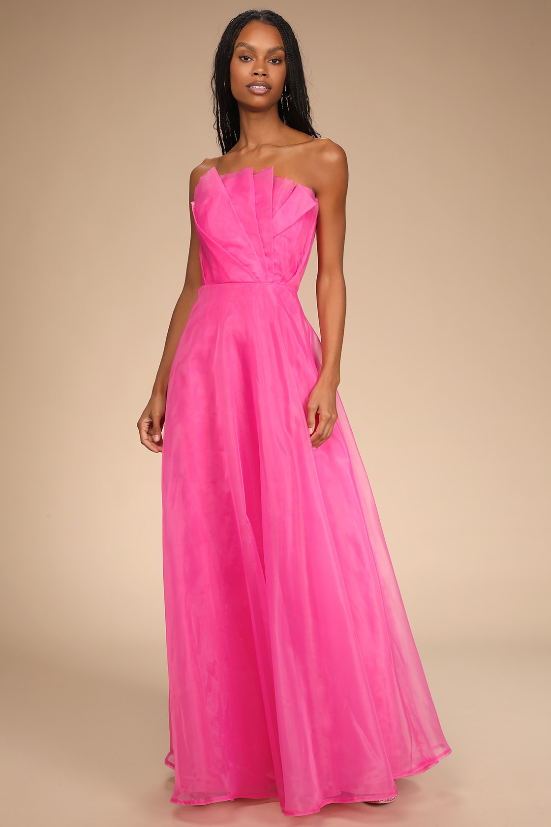 hot pink organza strapless maxi dress