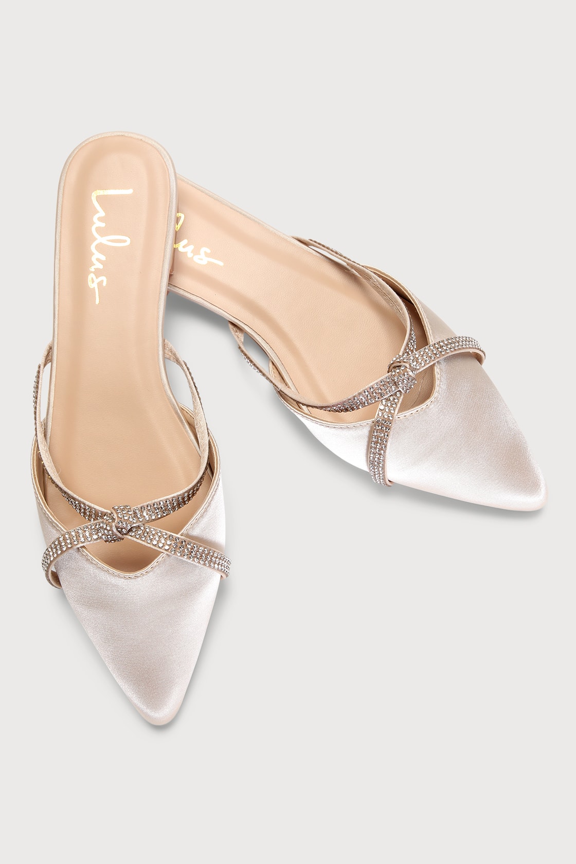 ivory satin rhinestone pointed toe mule slides