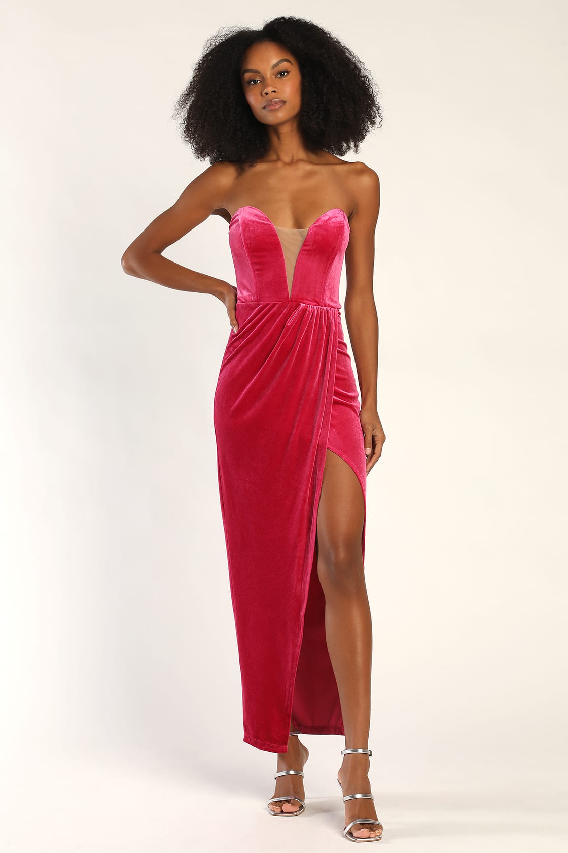 pink strapless velvet maxi dress