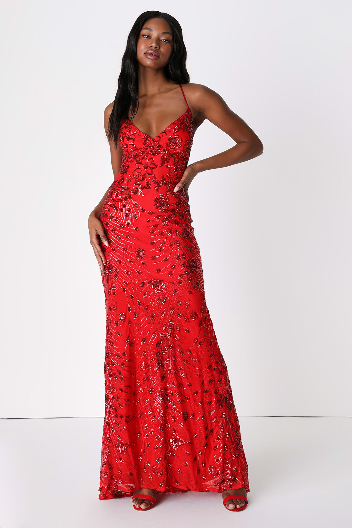red sequin lace-up maxi dress
