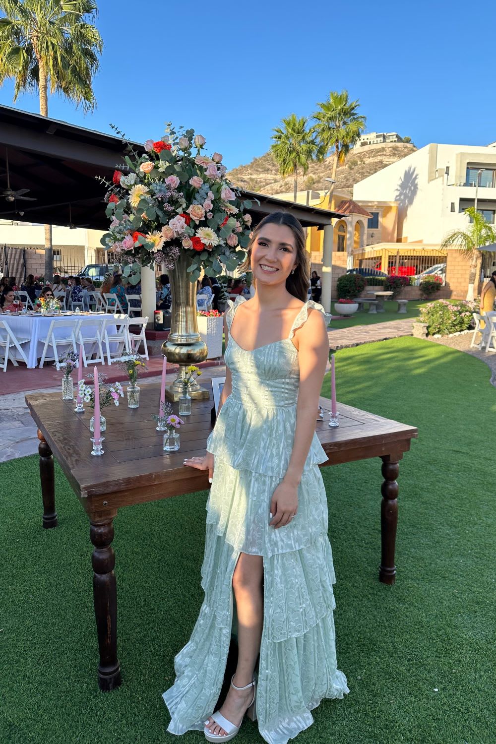 sage green jacquard tiered maxi dress