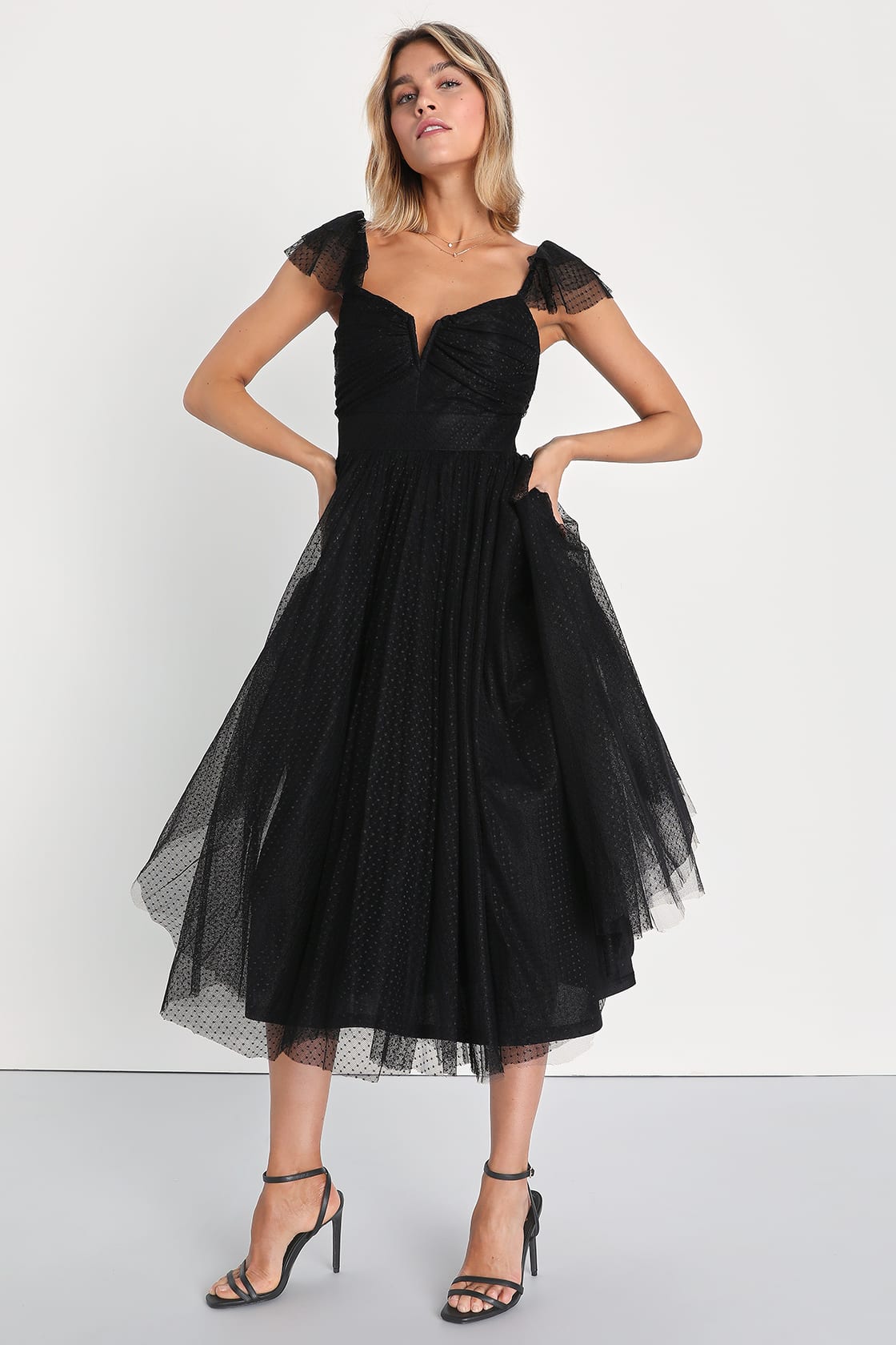 black tulle flutter sleeve a-line midi dress
