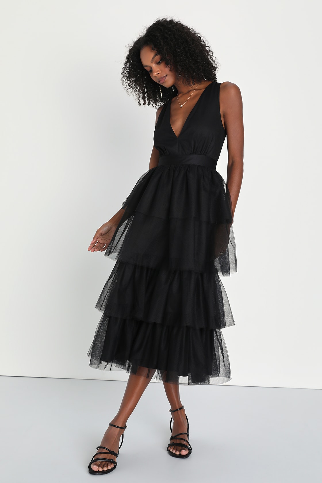 black tulle sleeveless tiered midi dress