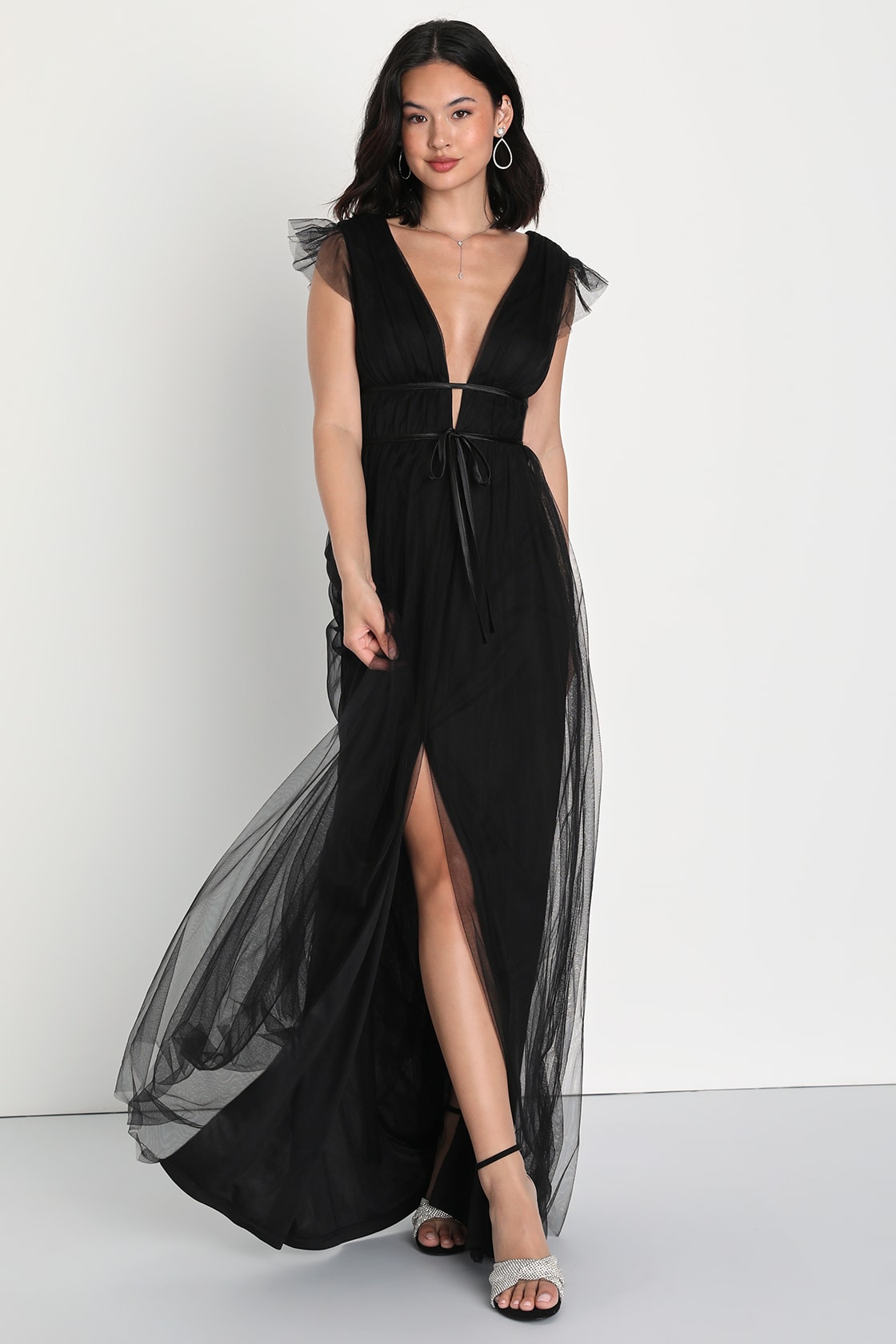black tulle ruffled maxi dress