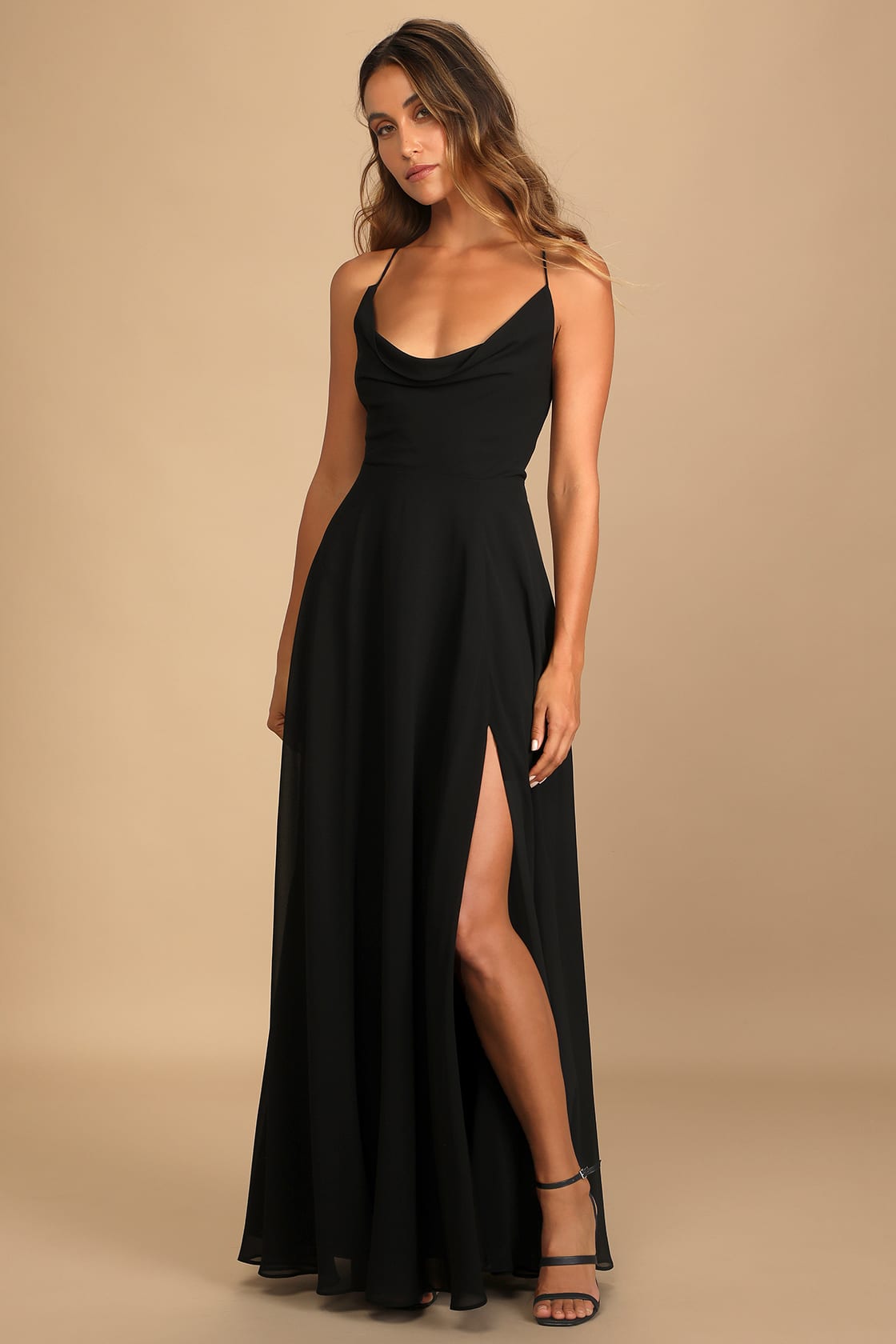 black cowl lace up maxi dress