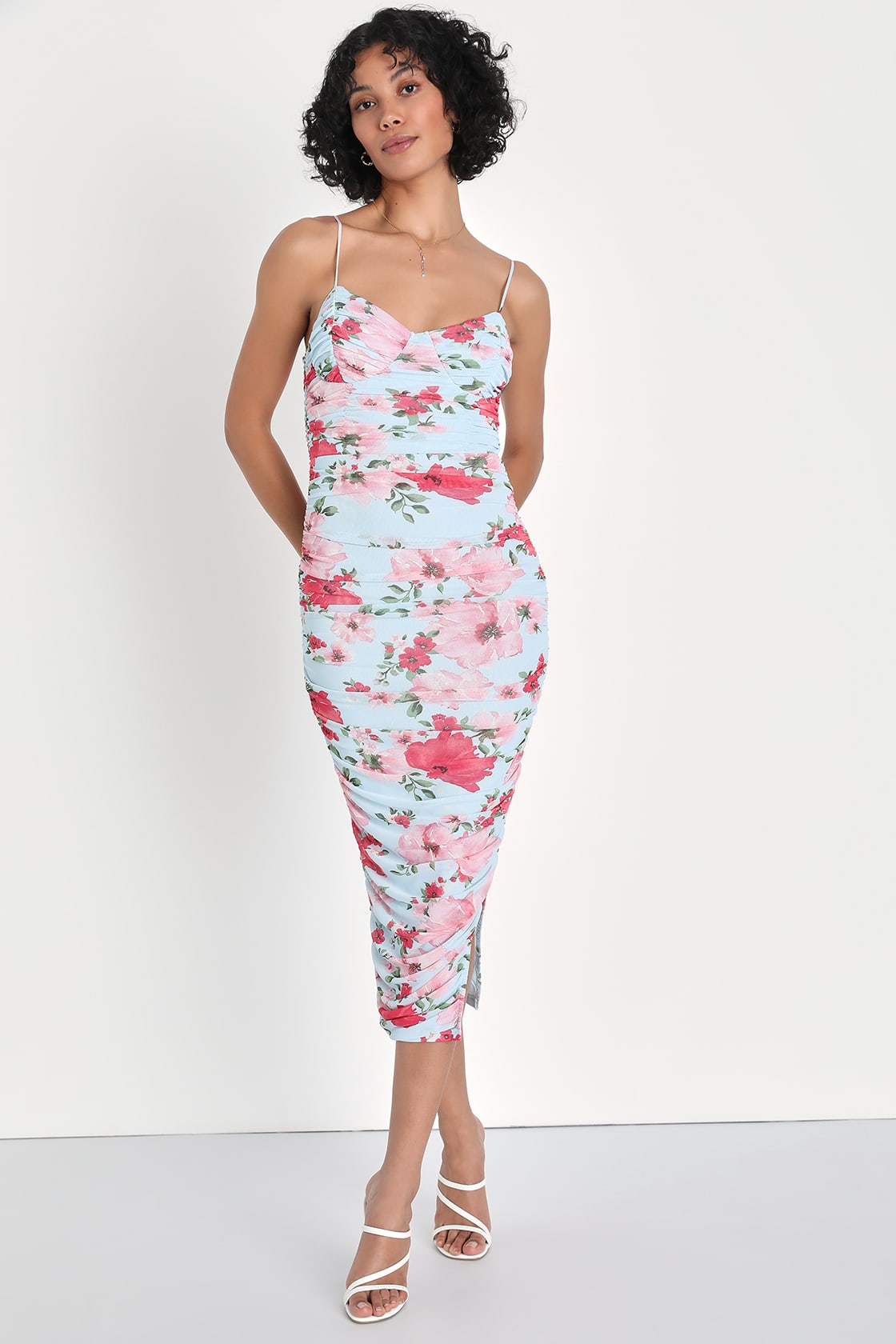 blue floral ruched mesh bustier midi dress