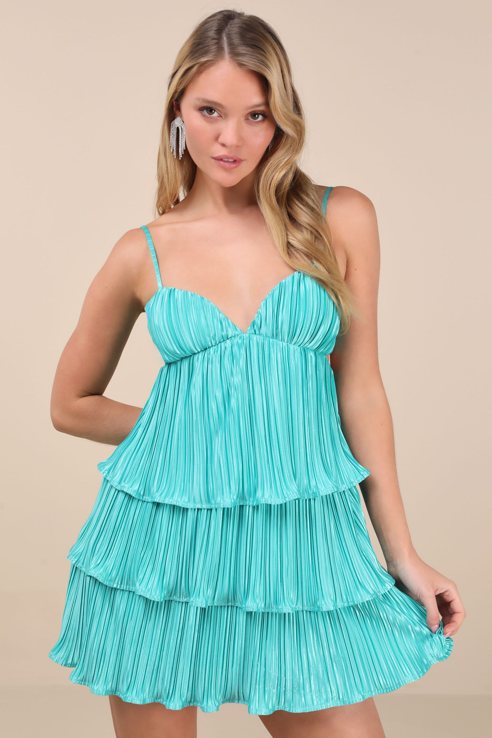 aqua pleated mini dress