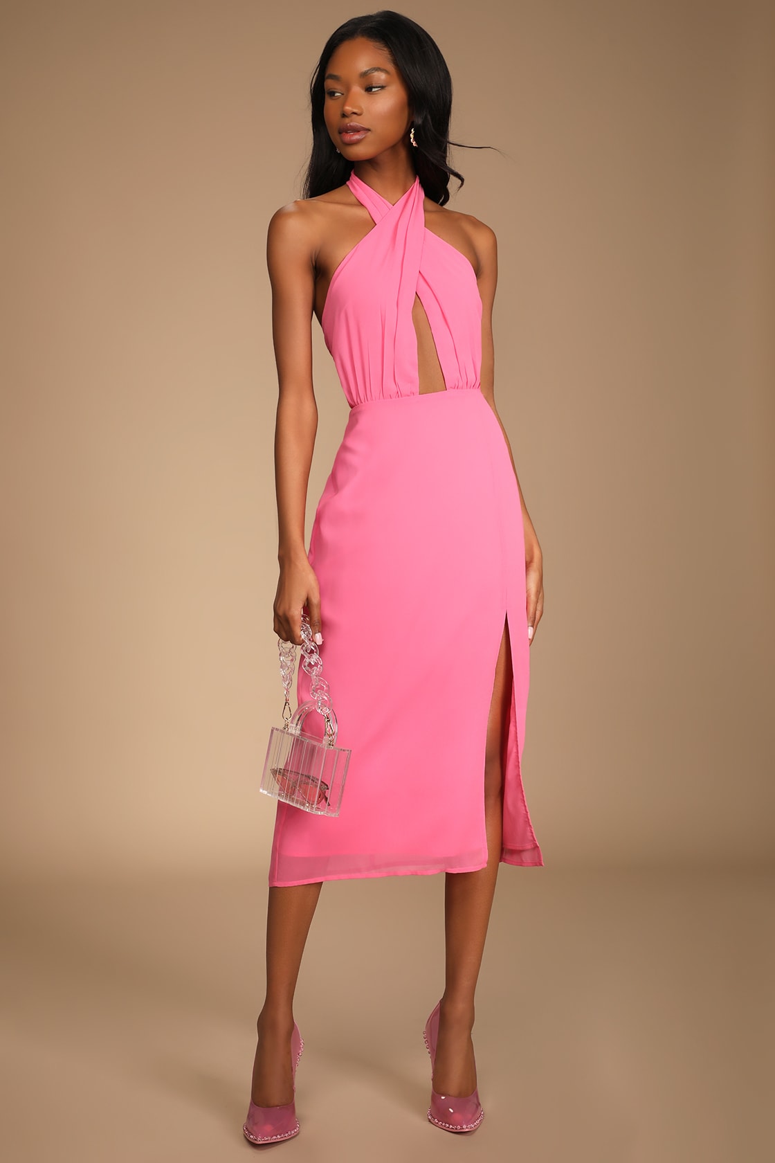bright pink cutout twist front halter midi dress