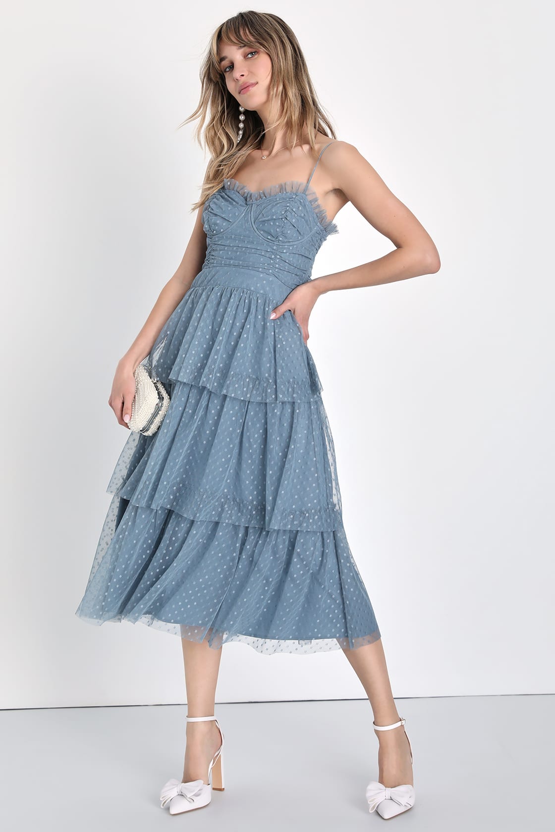 slate blue polka dot bustier tiered midi dress