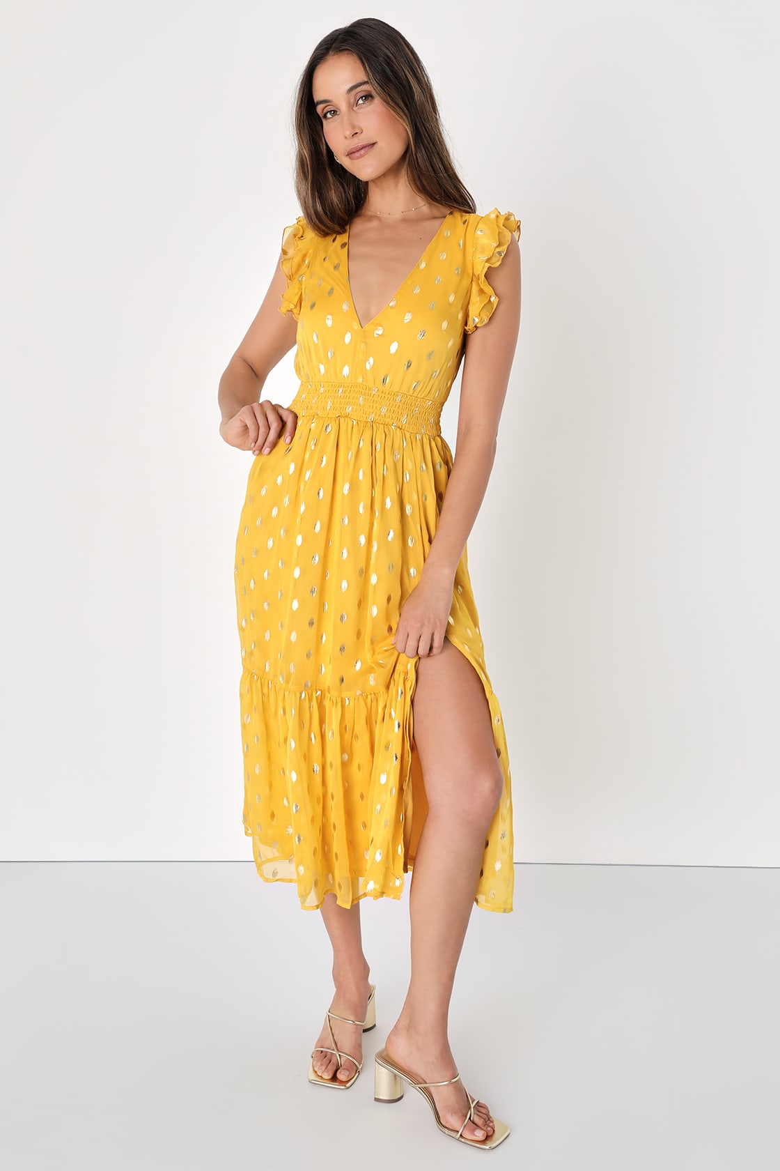 yellow and gold dot ruffled tiered midi dress